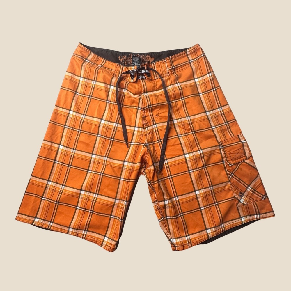 Point Zero Board Shorts Mens 33 Custom Boardshorts Orange Plaid Cargo Swim Trunk